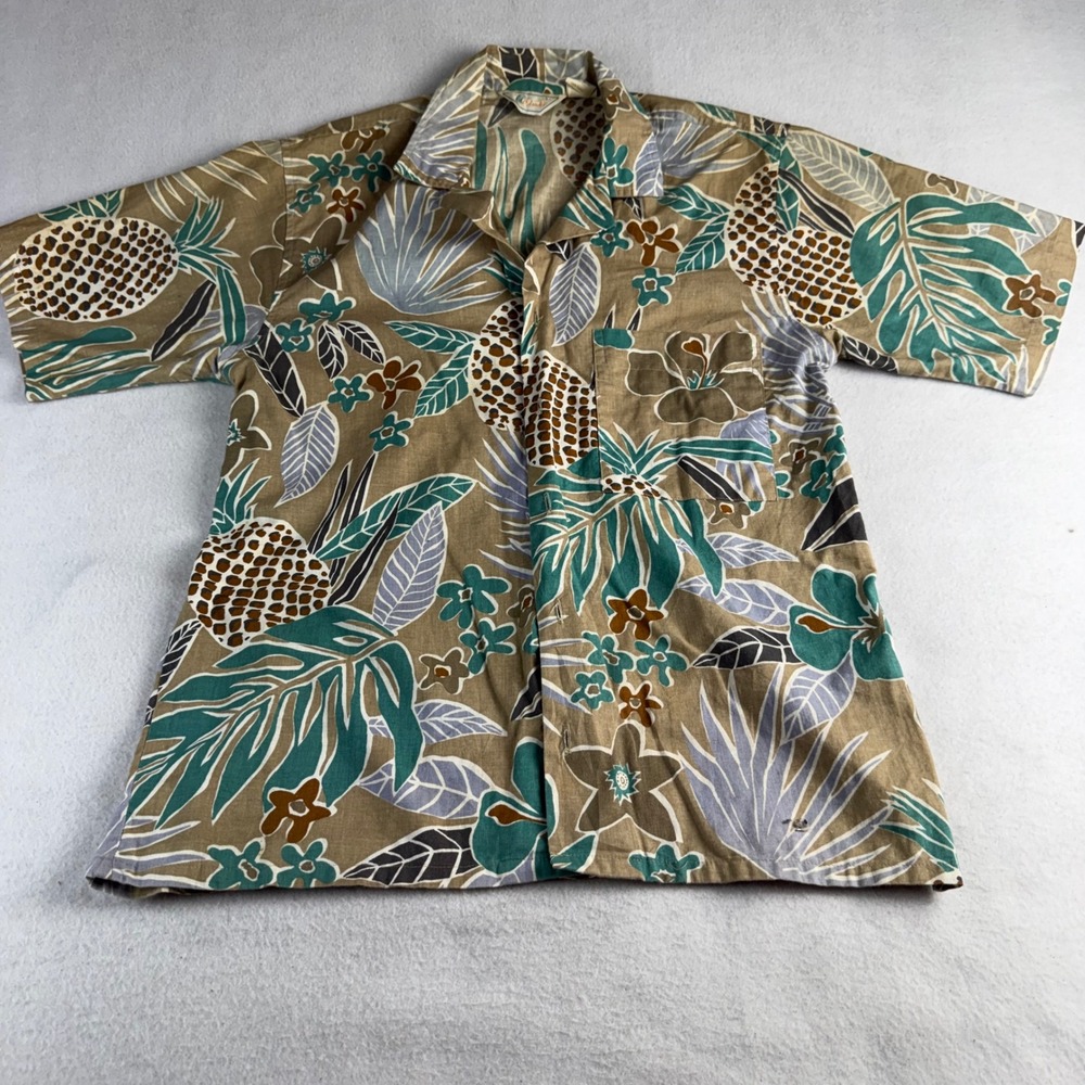 Islander Men's Small Tropical Pineapple Cotton Camp Shirt Tan Short Sleeve